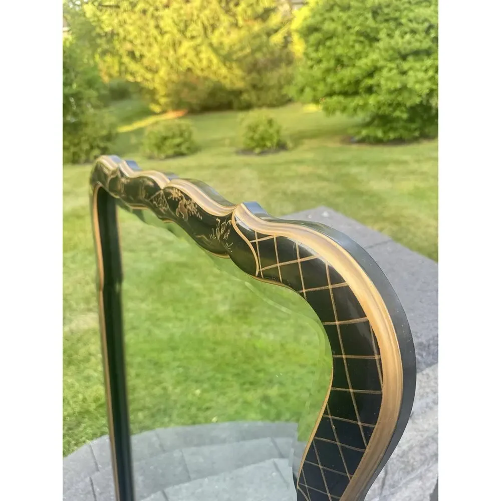 Chinoiserie Black Lacquer Mirror Gold Asian Pagoda Beveled Wall Mirror 43x25”
